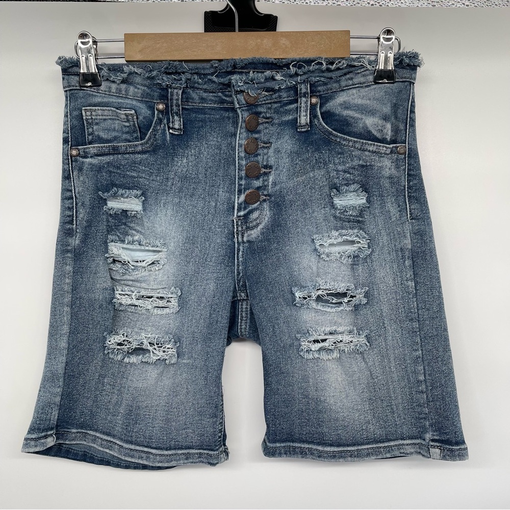 AQ American Quality Denim Bermuda Shorts Junior 9 Raw Waist Button Up Distress